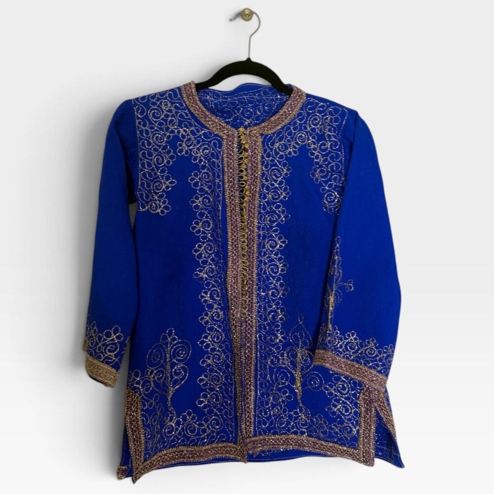 Vintage Indian Child Kurta Royal Blue Hand Embroidered Gold Zari Tunic 10